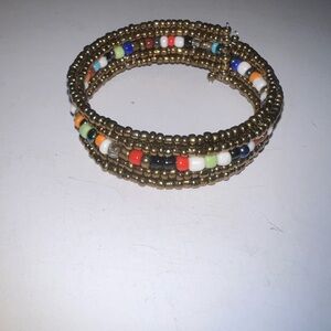 Boho Chic Gold Tone Beaded Memory Wire Wrap Bracelet Colorful Accent Beads